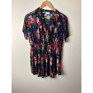 Womens 2X Ivy Rose Blouse Top Navy Blue Floral Ruffle Split V-Neck Lace Detail